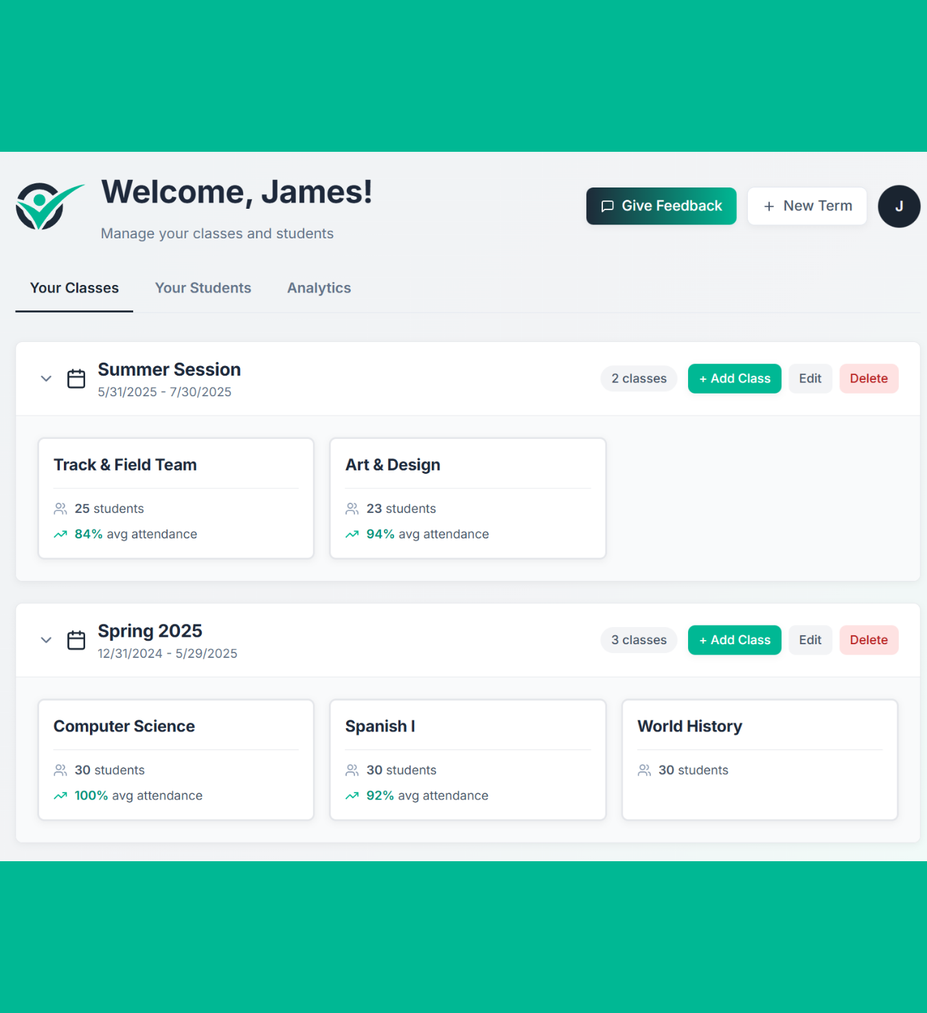 ClassTrack dashboard showing terms, classes, and attendance overview